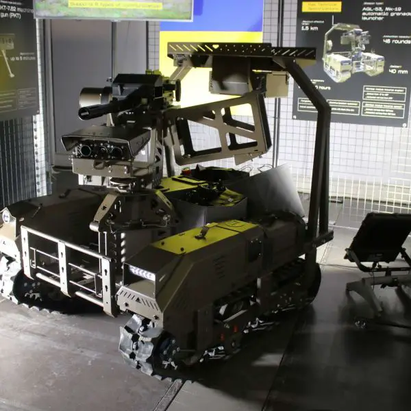 Ukrainian defense company DevDroid unveiled the Droid NW 40 unmanned ground vehicle at BEDEX 2026 in Brussels, showcasing a reconnaissance-strike robot armed with a remotely operated 40 mm grenade launcher designed to support European armies in high-risk combat environments (Picture Source: Army Recognition)
