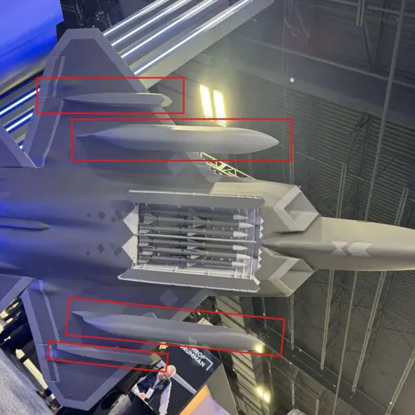 A scale model of the F-22 Raptor displayed at the Air & Space Forces Association Warfare Symposium 2026 revealed a previously unseen configuration featuring low observable external fuel tanks and underwing infrared search and track pods, signaling potential upgrades aimed at extending range and enhancing passive detection in contested airspace (Picture Source: X-account/@AlexHollings52)