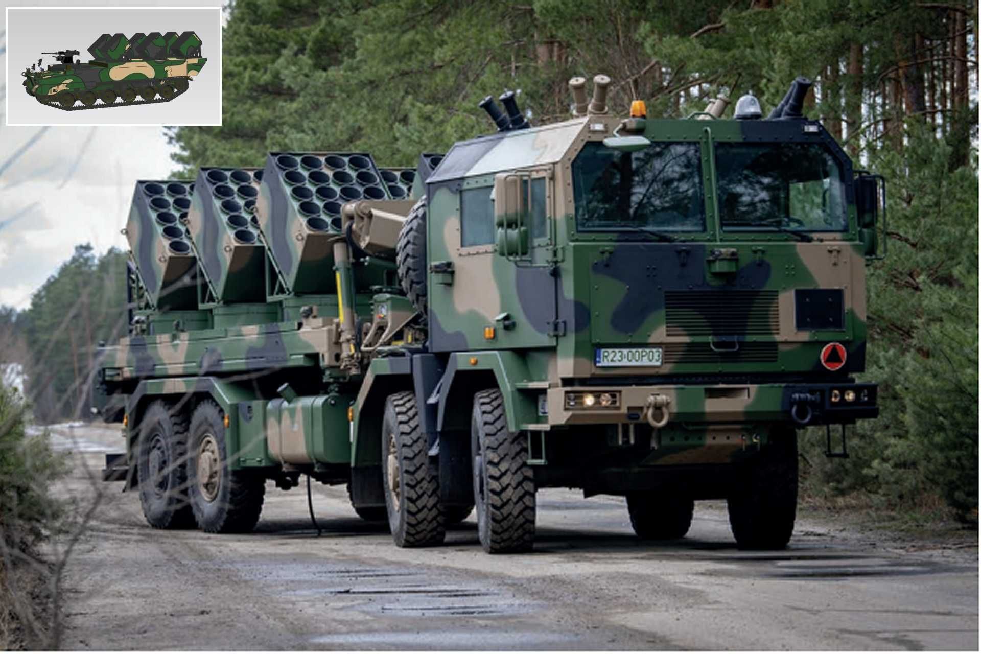 A Polish Army Baobab-K wheeled mine-laying vehicle during field trials, showcasing its 8x8 Jelcz chassis and automated mine dispensers. Inset: Conceptual line drawing of the tracked Baobab-G variant based on the Krab howitzer chassis, highlighting the system’s enhanced off-road mobility and armored profile.