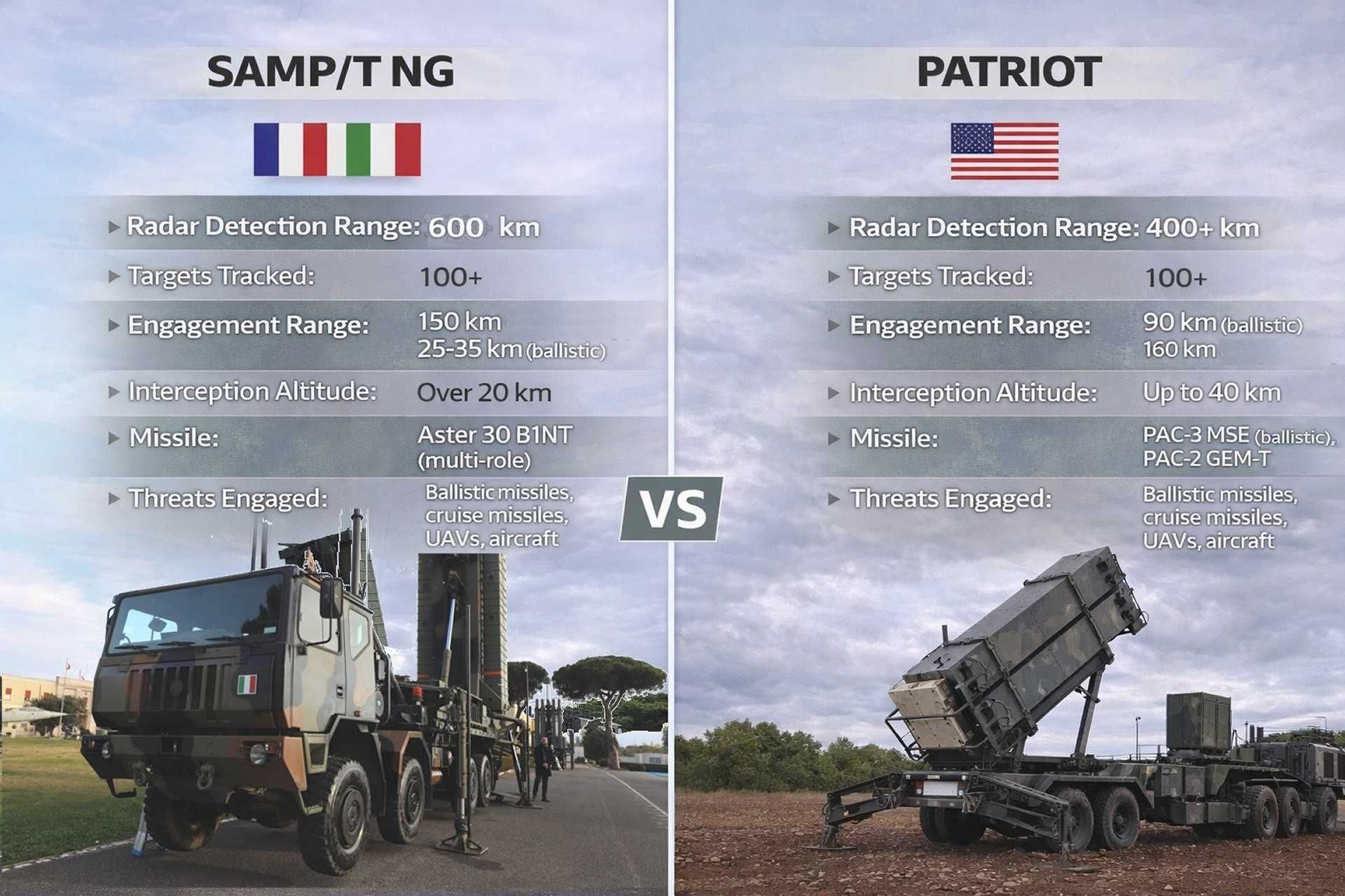 SAMP/T NG and Patriot air defense systems compared side by side, highlighting differences in radar coverage, missile performance, and ballistic missile interception capability as Europe advances a sovereign alternative to the U.S. standard.