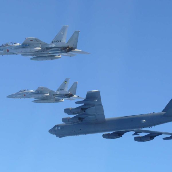 U.S. B-52 bombers fly with Japan’s F-15J and F-35A fighters over the Sea of Japan in a show of alliance deterrence days after a joint Chinese Russian bomber patrol, underscoring rising Indo-Pacific airpower tensions (Picture source: Japan MoD)