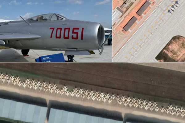 Satellite imagery revealed the increasing presence of 1960s-era J-6 fighters alongside modern J-16 multirole fighters at high-readiness bases facing Taiwan, a fact that gains coherence only when remembering the existence of the drone-converted J-6W. (Picture source: Google Maps and Chinese media)