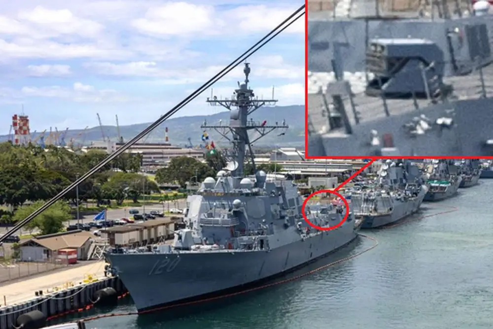 U.S. Navy destroyer USS Carl M. Levin appears with a newly installed mystery launcher that could signal a major step toward cheaper, layered shipboard defense against drones and other short-range aerial threats (Picture source: U.S. DoW).