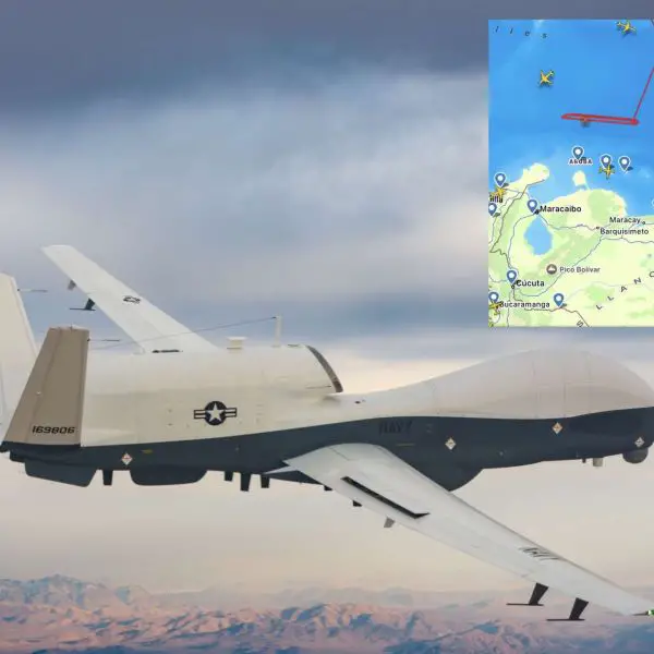 Public flight-tracking data briefly exposed a U.S. Navy MQ-4C Triton launching from Florida and flying a long, high-altitude surveillance mission over the Caribbean before fading from view (Picture Source: Northrop Grumman / Flightradar24)