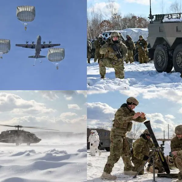 U.S. Army paratroopers from the 11th Airborne Division and Japan Ground Self-Defense Force soldiers conduct airborne, ski, fire support, and helicopter operations during Exercise North Wind 26 in Hokkaido, demonstrating allied readiness to fight and sustain combat operations in extreme cold, deep snow, and Arctic-like conditions (Picture source: U.S. DoW).