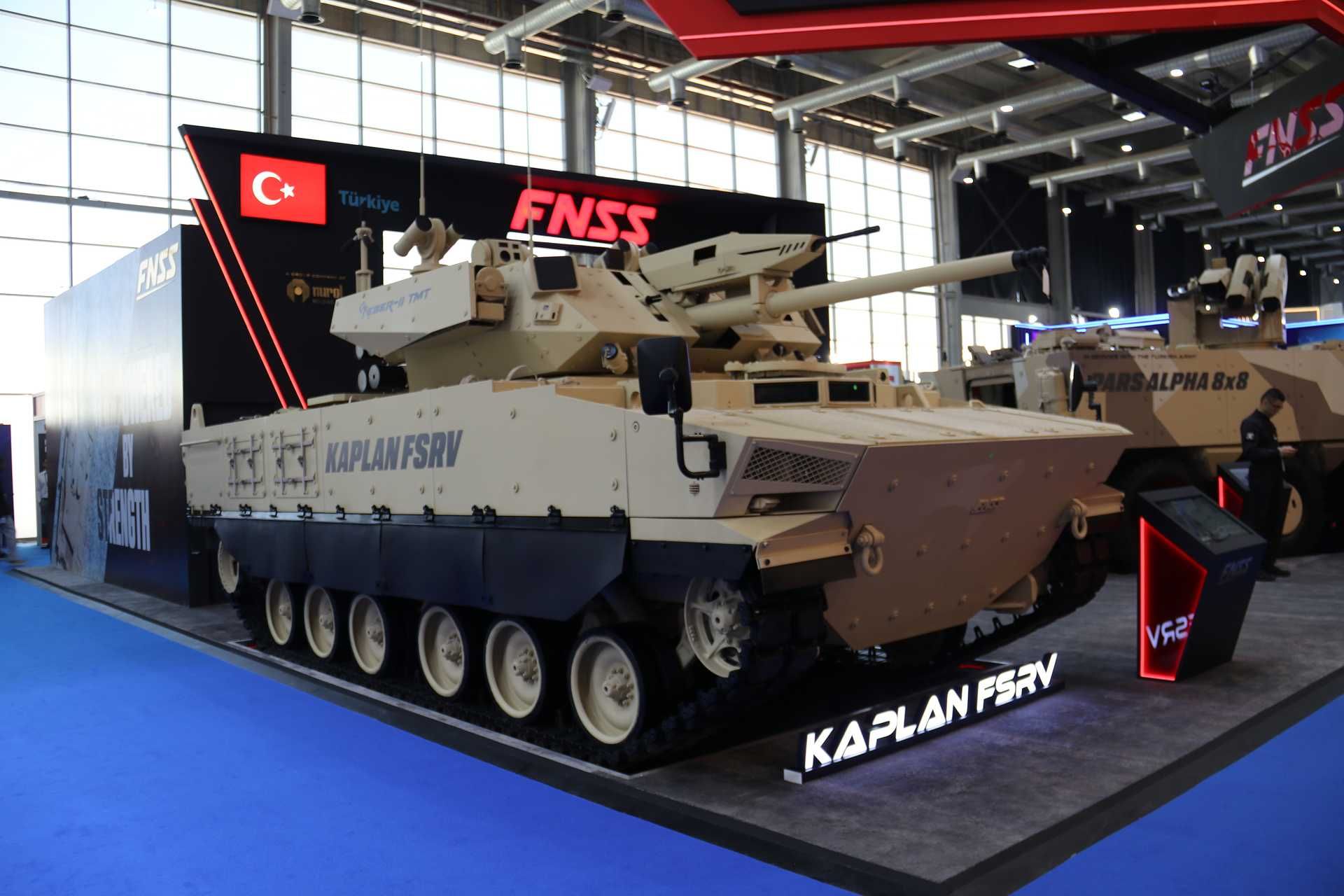 The FNSS Kaplan FSRV Fire Support and Reconnaissance Vehicle displayed at World Defense Show 2026 in Saudi Arabia, featuring the TEBER II two-man turret and Mk44 30 mm cannon, marking its first public international appearance.