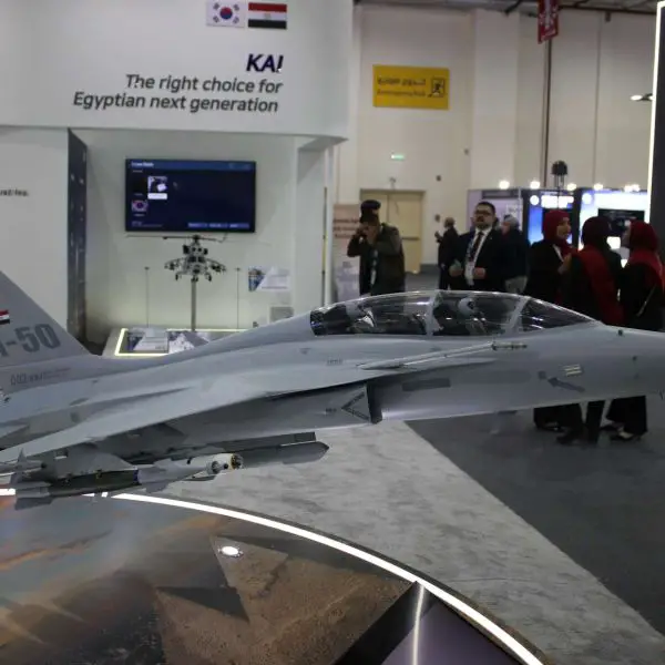 FA-50 on display at EDEX 2025, highlighting its 20 mm cannon, air-to-air missiles, guided bombs and rockets, all cued by advanced targeting pods and self-protection suites for true multirole combat employment (Picture source: Army Recognition Group).