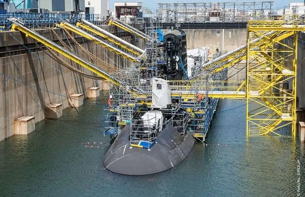 Barracuda-class attack submarine Duguay-Trouin during reactor-related industrial work in 2022; the image illustrates a similar nuclear propulsion milestone to the reactor start recently achieved on De Grasse (Picture source: French Ministry of the Armed Forces).