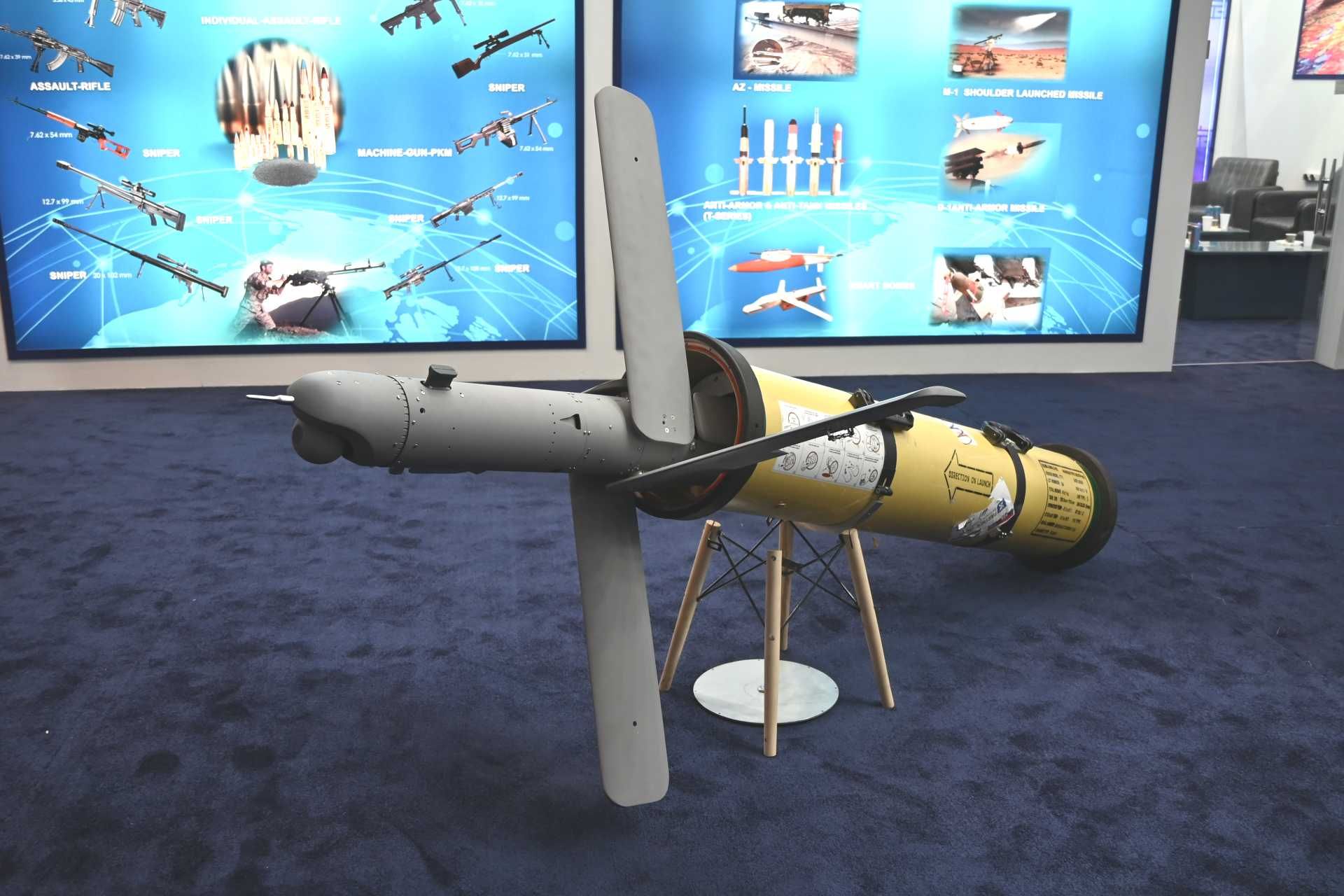 Exclusive Army Recognition picture of the Iranian-made Rezvan loitering munition, taken during a defense exhibition.