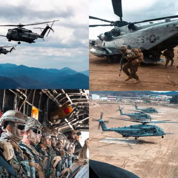U.S. Marines demonstrated rapid battlefield mobility in South Korea by inserting 12th Littoral Combat Team forces via CH-53E Super Stallion helicopters during a combined air assault exercise, reinforcing allied readiness and deterrence on the Korean Peninsula (Picture Source: U.S. INDOPACOM)