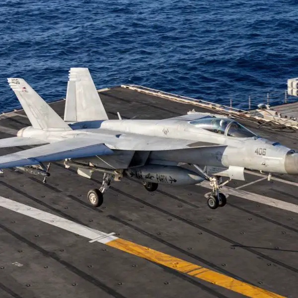An F/A-18E Super Hornet touches down on the flight deck of the USS Gerald R. Ford (CVN 78), the world’s largest and most advanced aircraft carrier, during operations on November 17, 2025.
