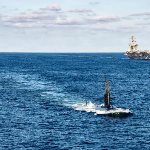 Brazilian Navy submarine BNS Humaitá and frigate Defensora operate with USS Nimitz and USS Gridley in the Atlantic during Southern Seas 2026, testing carrier escort procedures, anti-submarine warfare coordination, air defense, and tactical interoperability between the Brazilian and U.S. navies (Picture source: U.S. Navy).