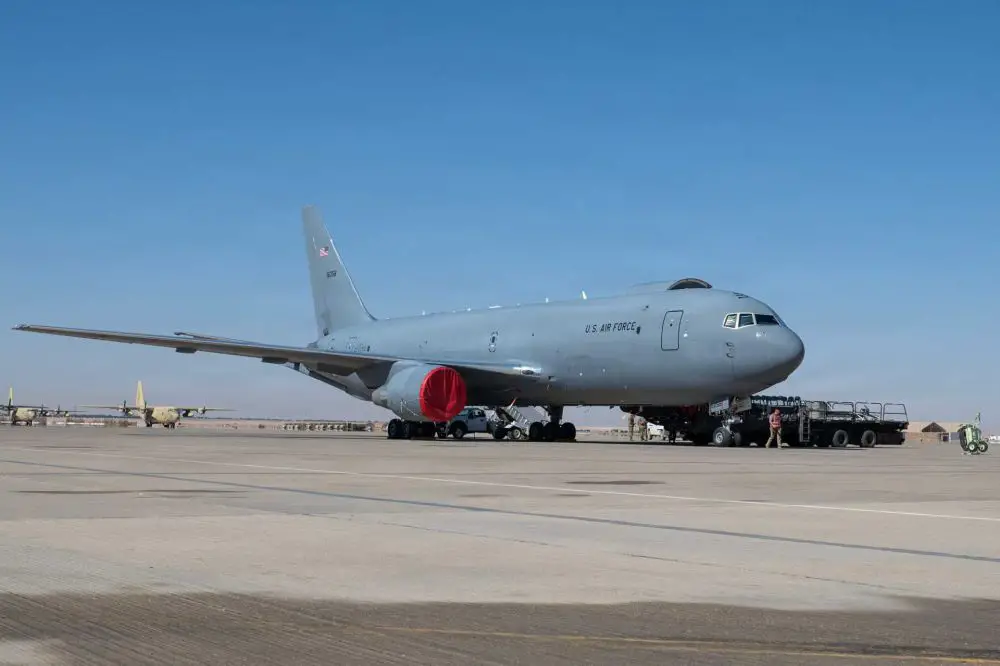 U.S. Air Force Airmen assigned to the 378th Expeditionary Logistics Readiness Squadron unload cargo from a KC-46A Pegasus aerial refueling aircraft operated by the 77th Expeditionary Air Refueling Squadron within the U.S. Central Command area of responsibility.