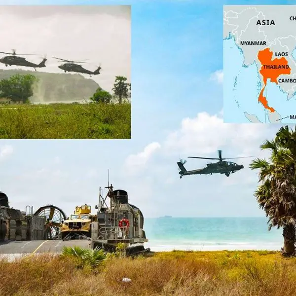 U.S. Navy LCAC 81 and Army Apache and Black Hawk helicopters conducted coordinated sea-based amphibious operations during Cobra Gold 2026 off Thailand’s Hat Yao Beach, underscoring joint littoral combat readiness in the Indo-Pacific (Picture Source: DVIDS)