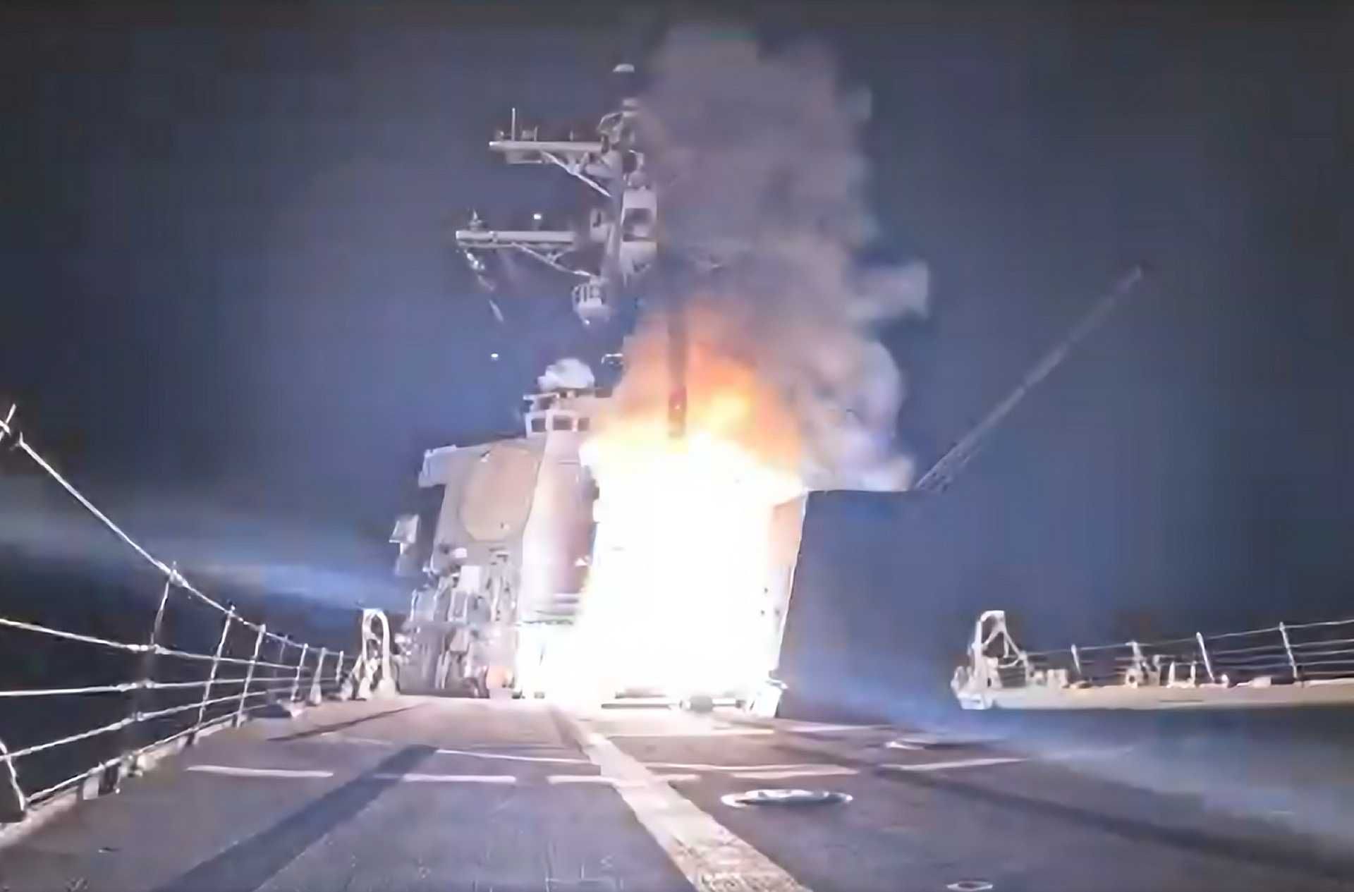 Still image from video footage released by the U.S. Department of War on December 25, 2025, showing the launch of a possible Tomahawk Land Attack Missile from a U.S. Navy Arleigh Burke-class guided-missile destroyer during a strike operation targeting ISIS elements in Sokoto State, Nigeria.