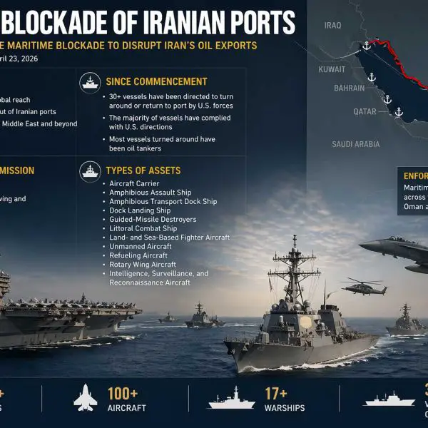 U.S. naval and air forces enforce a large-scale maritime blockade targeting Iranian ports, deploying carrier strike assets, ISR aircraft, and surface combatants to restrict oil exports and control Gulf shipping lanes. (AI-generated illustrative image based on CENTCOM operational data, April 23, 2026).