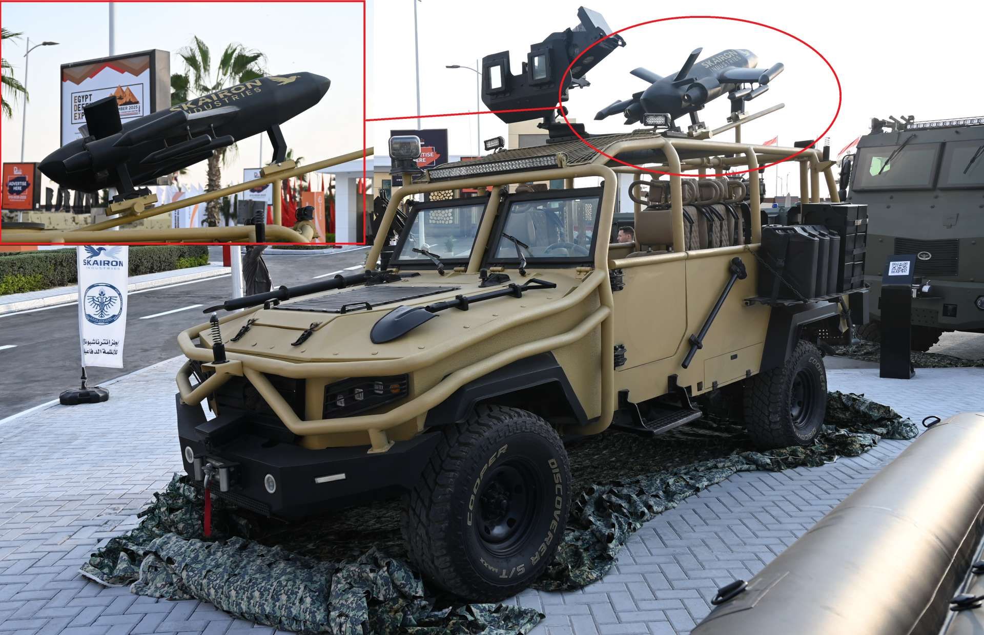 A compact rail-launched Skairon loitering munition mounted on the Egyptian Tiger TLC 79 patrol vehicle provides rapid on-the-move launch capability, delivering short-range reconnaissance and precision strike options directly to frontline units while preserving the vehicle’s high mobility and lightweight profile (Picture source: Army Recognition Group).