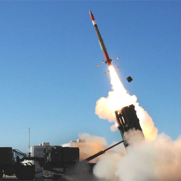A PAC-3 MSE interceptor launches from a Patriot air and missile defense system. The missile uses hit-to-kill technology to defeat ballistic missile, cruise missile, and aircraft threats.