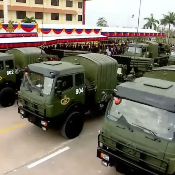 Cambodian Army's Chinese-made Type-90B 122mm multiple rocket launcher on display during a military parade in Phnom Penh, showcasing the platform's 40-tube configuration and high-mobility chassis.