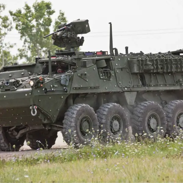 A U.S. Army Stryker Double V-Hull A1 armored vehicle participates in a training exercise, demonstrating the blast-resistant V-shaped hull designed to improve troop survivability against mines, roadside bombs, and battlefield explosions in modern combat environments.