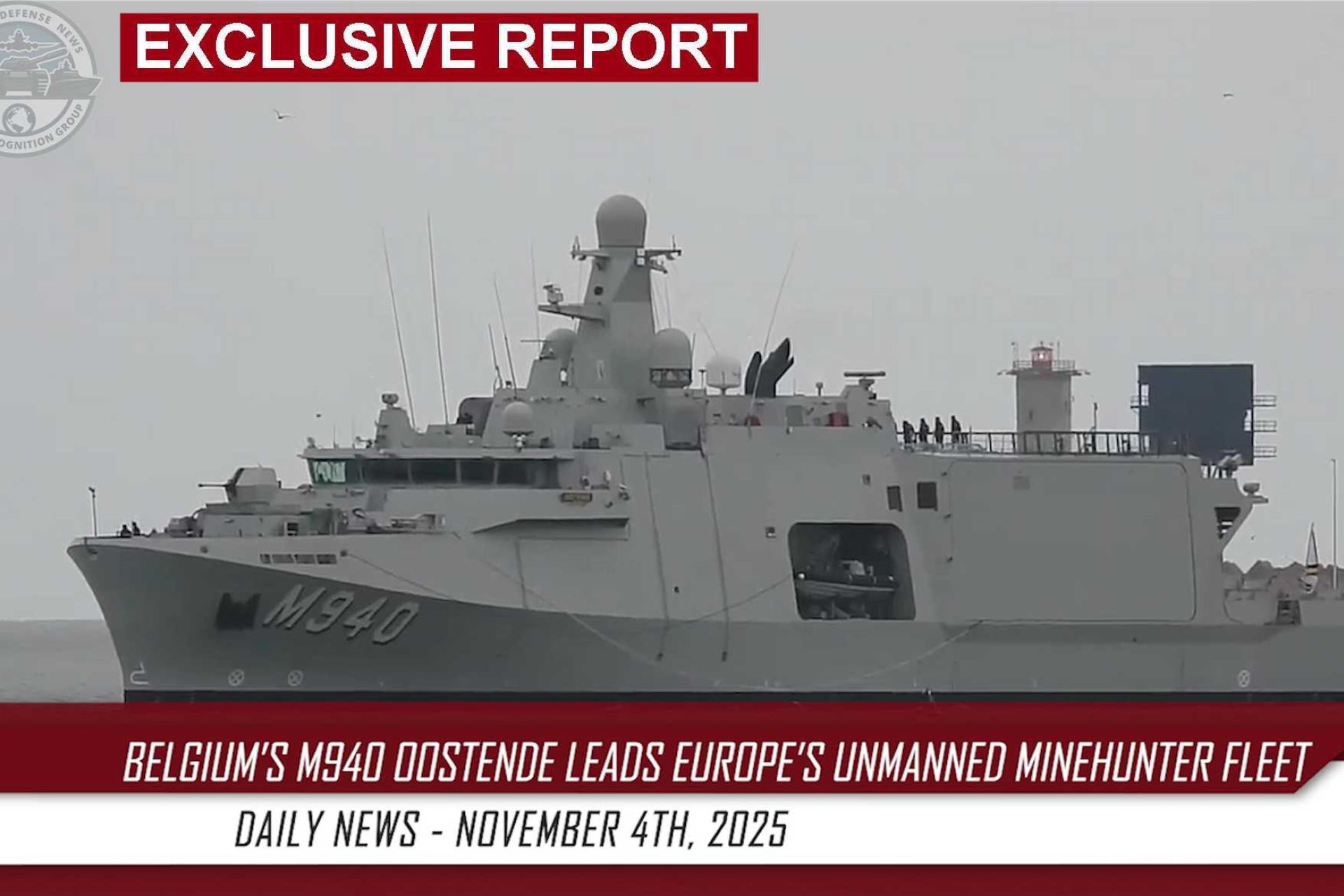 Belgian Navy’s M940 Oostende, the first of a new class of mine countermeasure vessels, equipped with advanced autonomous drone systems developed under the Belgian-Dutch rMCM program.