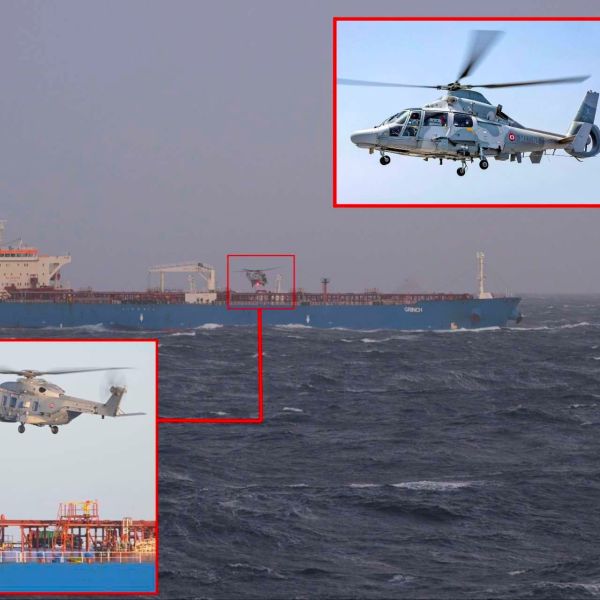 French Navy helicopters played a central role in the high-seas boarding of the tanker Grinch in the western Mediterranean, an operation ordered by President Emmanuel Macron that translated sanctions policy into concrete maritime enforcement action (Picture Source: French Navy / Presidency of the French Republic)