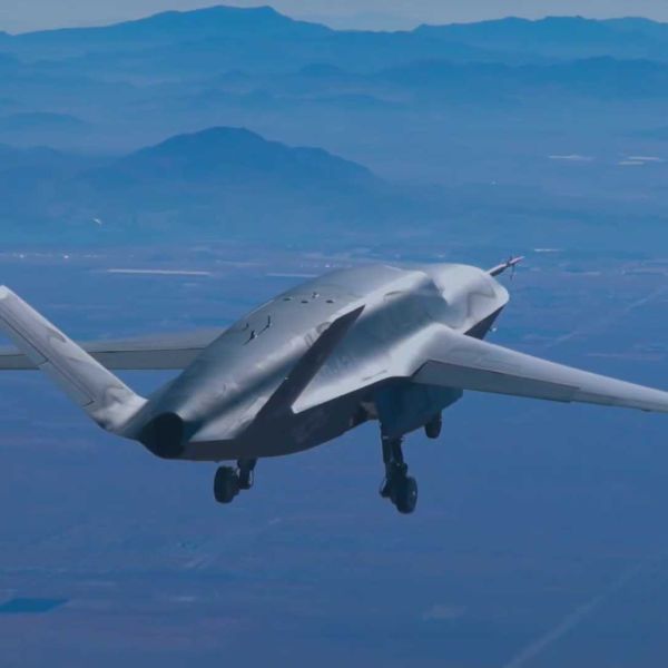 General Atomics' YFQ-42A, one of the two CCAs selected by the U.S. Air Force, incorporates an elongated fuselage, slender wings, a dorsal-mounted intake, V-tails, and an internal weapons bay planned for two AIM-120 AMRAAM missiles. (Picture source: General Atomics)