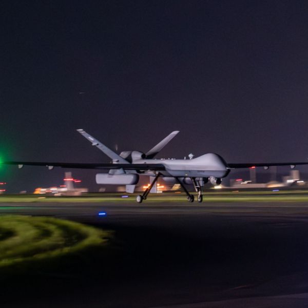 A U.S. Air Force MQ-9 Reaper, assigned to the 319th Expeditionary Reconnaissance Squadron, takes off from taxiway Lima at Kadena Air Base, Japan, on Oct. 9, 2025, during Project Lima BEAN 