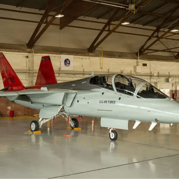 A T-7A Red Hawk is parked inside a hangar at Joint Base San Antonio-Randolph, Texas, on December 5, 2025