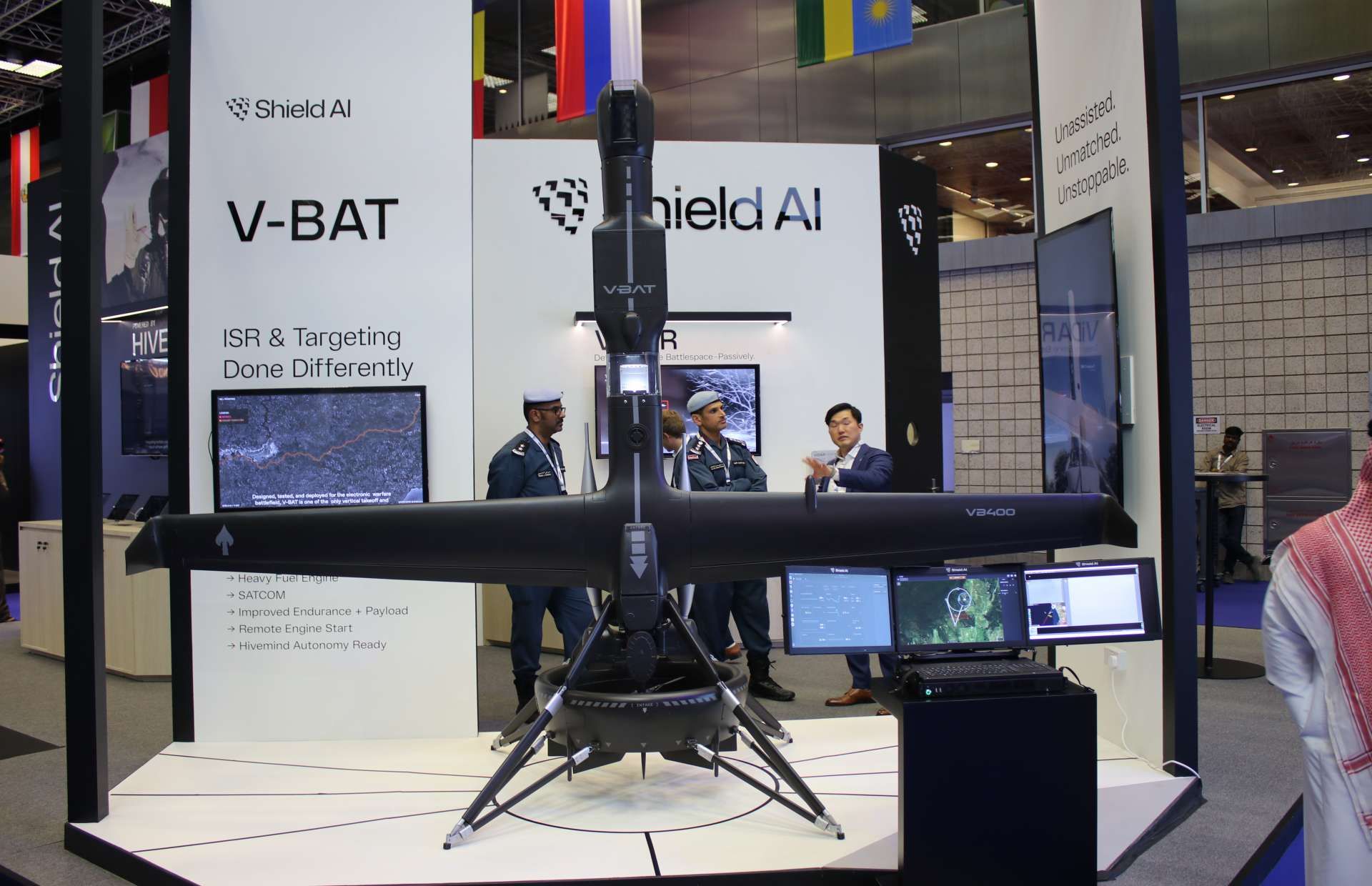 Shield AI V-BAT on display at DIMDEX 2026 showcases a VTOL unmanned aircraft optimized for shipboard operations, combining long-endurance heavy-fuel propulsion, SATCOM, autonomous launch and recovery, and modular ISR-targeting payloads, with the option to integrate lightweight precision munitions for rapid maritime and coastal strike missions (Picture source: Army Recognition Group).