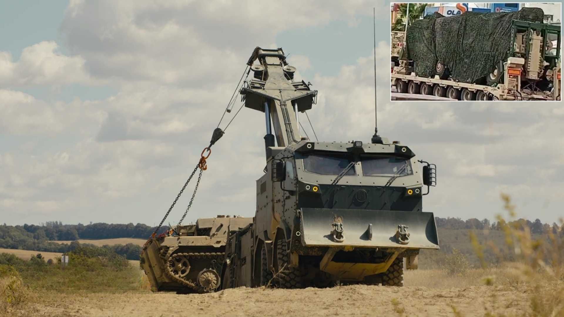 The main lifting capability of the Treva-30 is provided by a two-reel crane with a maximum lifting capacity of 30 tonnes and a horizontal outreach of 12 meters. (Picture source: Excalibur Army and X/DefenseAtlas)
