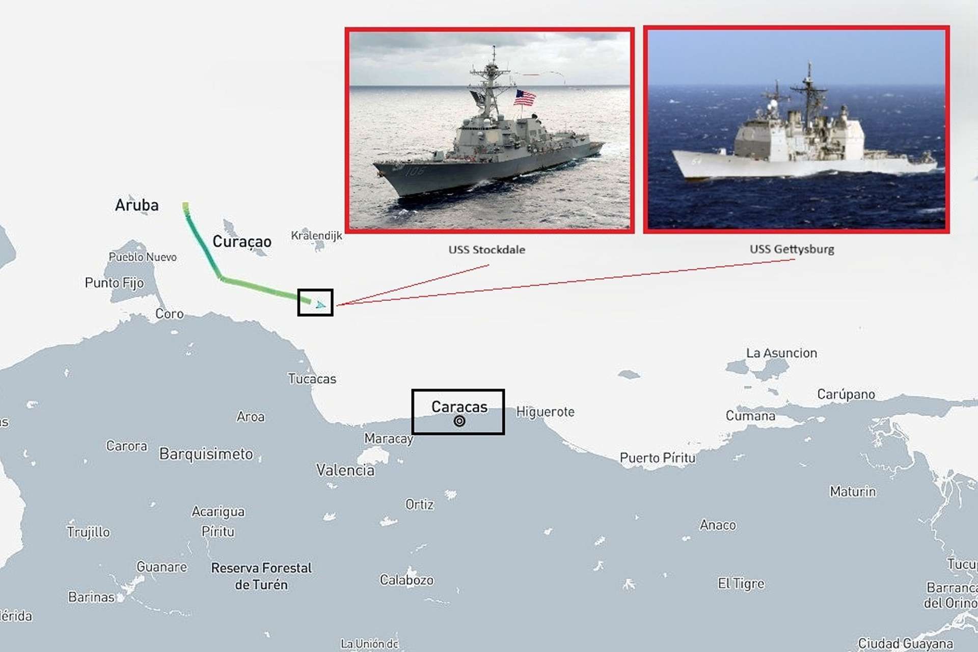 A Tomahawk‑armed U.S. Navy destroyer, USS Stockdale, and the guided‑missile cruiser USS Gettysburg are operating close to Venezuela’s coast, conducting maritime security and surveillance to deter threats and monitor regional activity (Picture Source: U.S. Navy)