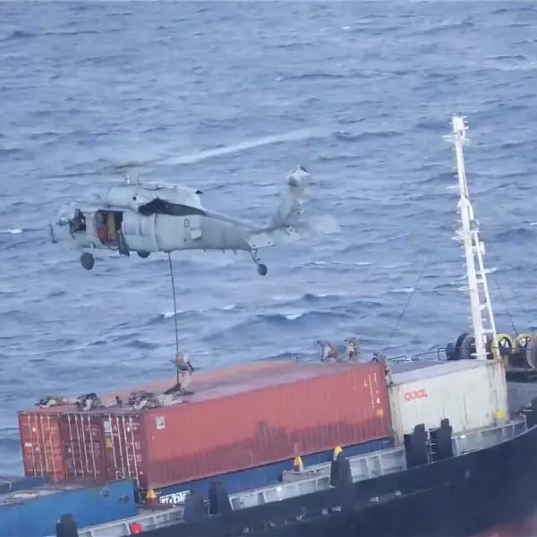 U.S. Marines from the 31st MEU conduct a visit, board, search, and seizure operation on commercial vessel M/V Blue Star III in the Arabian Sea on April 28, 2026, enforcing U.S. Central Command’s maritime blockade against Iran-linked shipping routes.