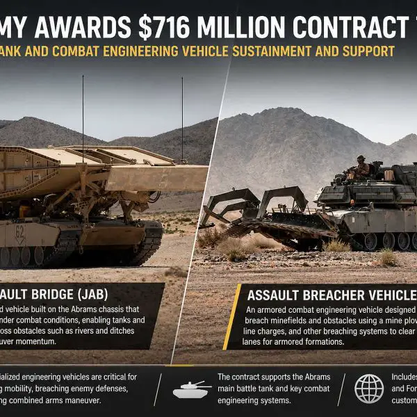 GDLS-supported Joint Assault Bridge and Assault Breacher Vehicle, both based on the Abrams chassis, demonstrate critical U.S. Army combat engineering capabilities for rapid obstacle crossing and minefield breaching under the $716 million sustainment contract announced on April 30, 2026. (Picture source: AI-generated image © Army Recognition. Reproduction or use without permission is prohibited.)
