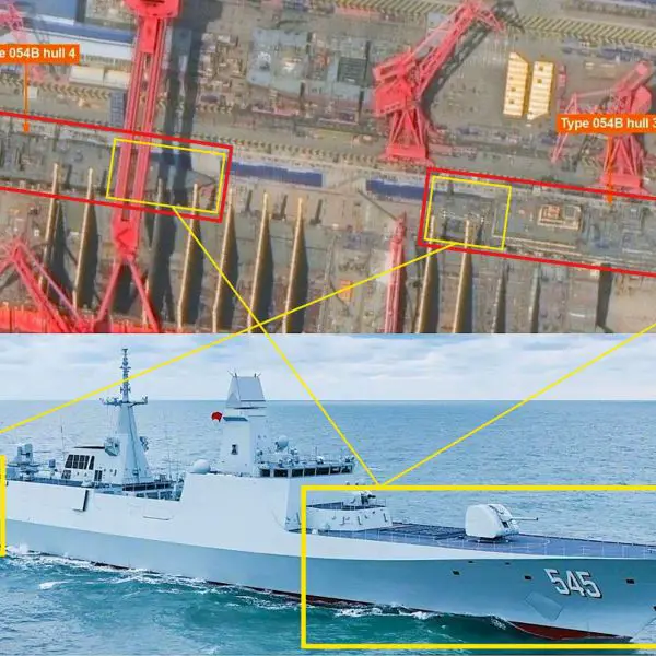 China is scaling up production of its new Type 054B frigates, signaling a shift toward a larger, more capable escort fleet to support sustained naval operations and sea control in contested regional waters (Picture Source: Vantor Imagery / Chinese Navy)