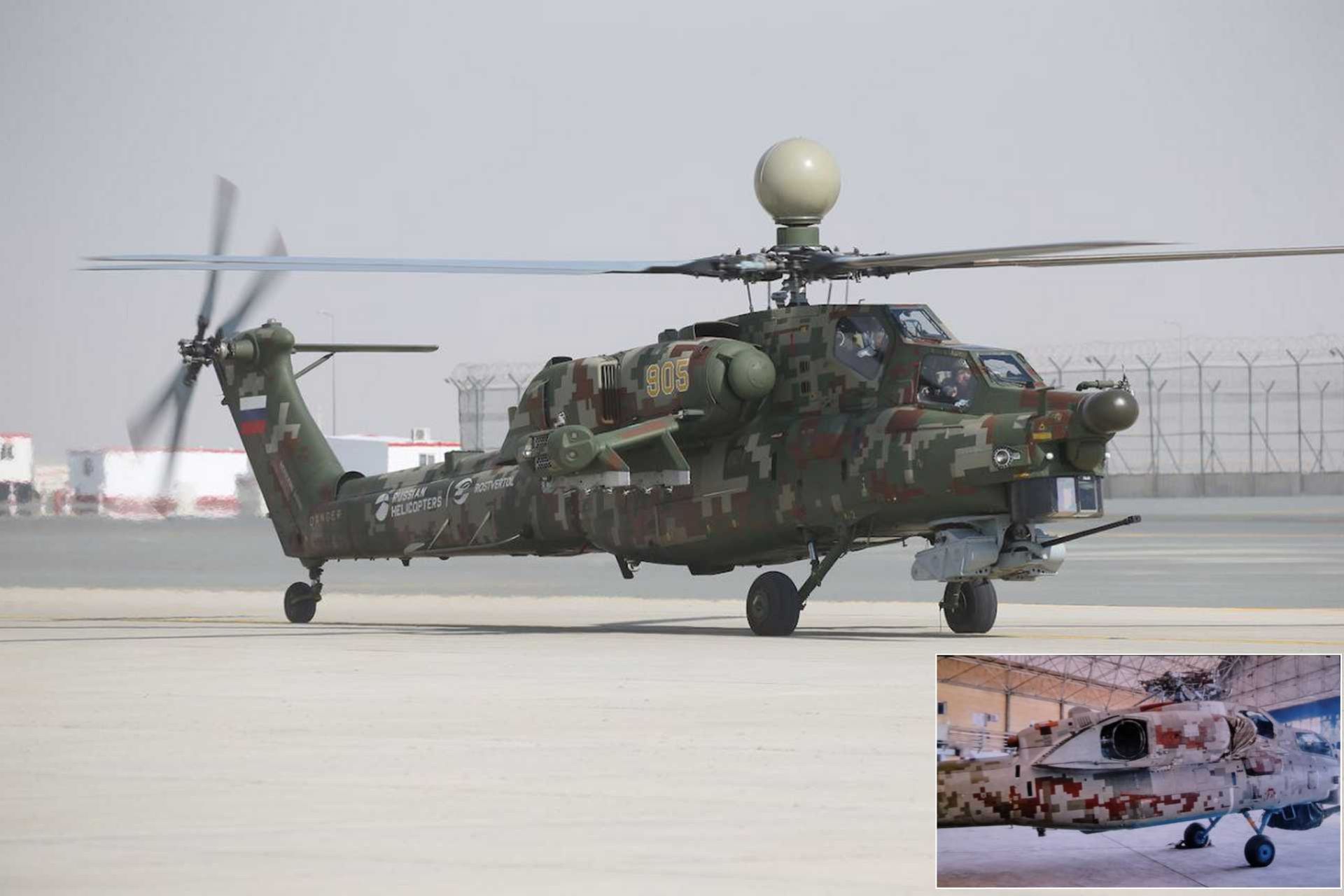 Armament on the Mi-28NE is extensive, including a 30 mm cannon, up to 16 air-to-ground missiles, MANPADS launchers, up to 80 80 mm rockets, up to 20 122 mm rockets, or four aerial bombs, for a maximum external weapons load of 2,100 kg. (Picture source: Telegram/Military Informant and Rostec)