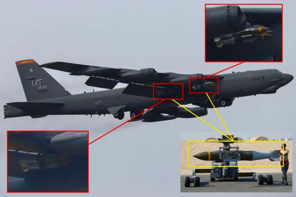 U.S. Air Force B-52H bombers deploying GBU-31 JDAMs from RAF Fairford signal a shift from stand-off missile strikes to direct precision attacks on hardened ground targets (Picture source: Lee Hathaway on X)