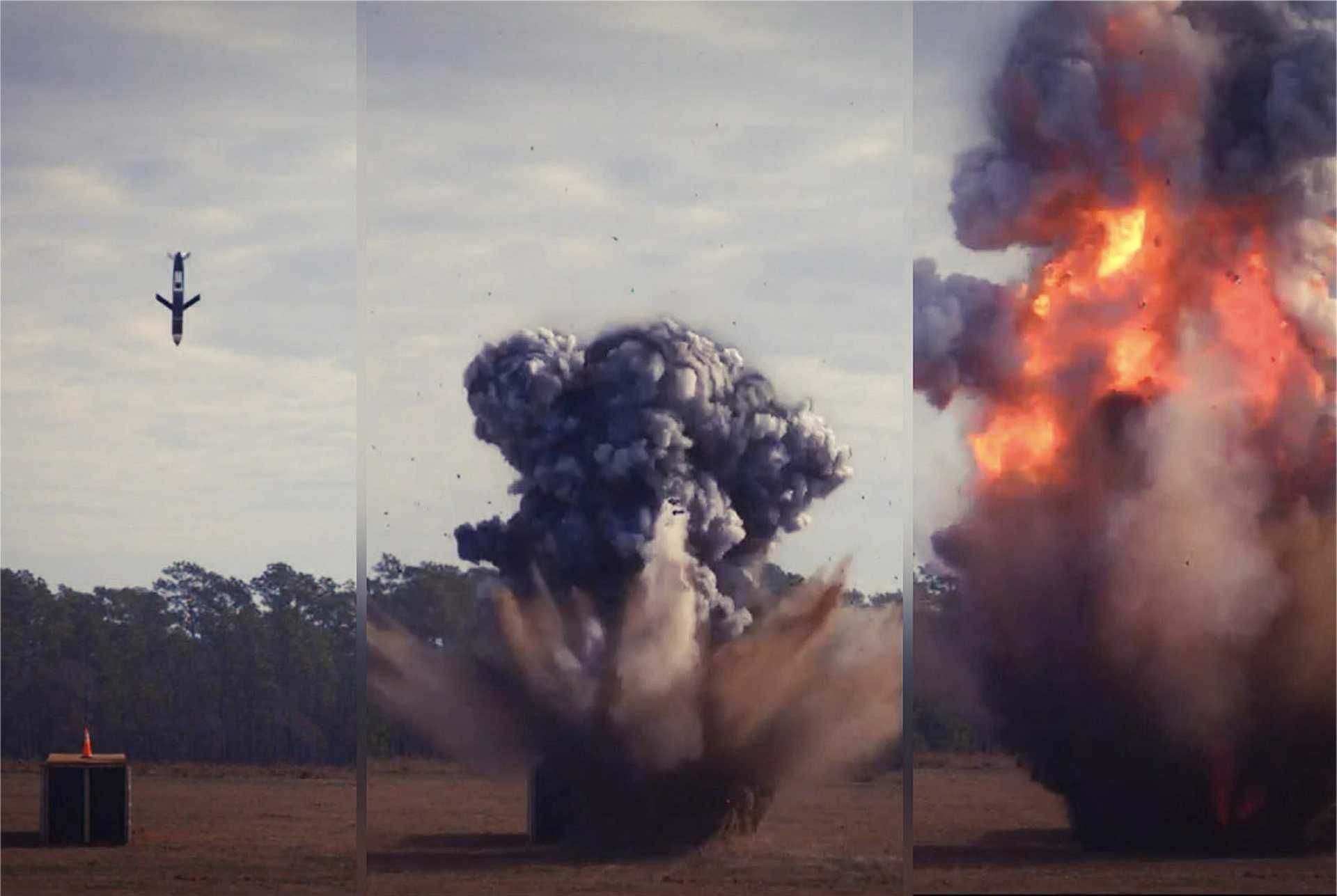 A U.S. Air Force Extended Range Attack Munition (ERAM) cruise missile flies its planned trajectory during a live-warhead flight test over the Eglin Test and Training Range in January 2026, validating long-range standoff strike capability against ground targets.