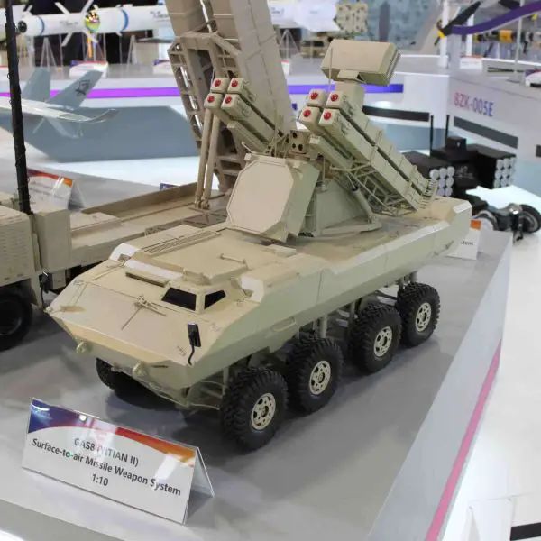 GAS8 Yitian II Chinese 8x8 short-range air defense missile system displayed at SAHA 2026, designed to intercept drones, helicopters, cruise missiles and low-altitude aircraft with integrated radar, electro-optical sensors and eight ready-to-launch missiles (Picture source: Army Recognition Group).