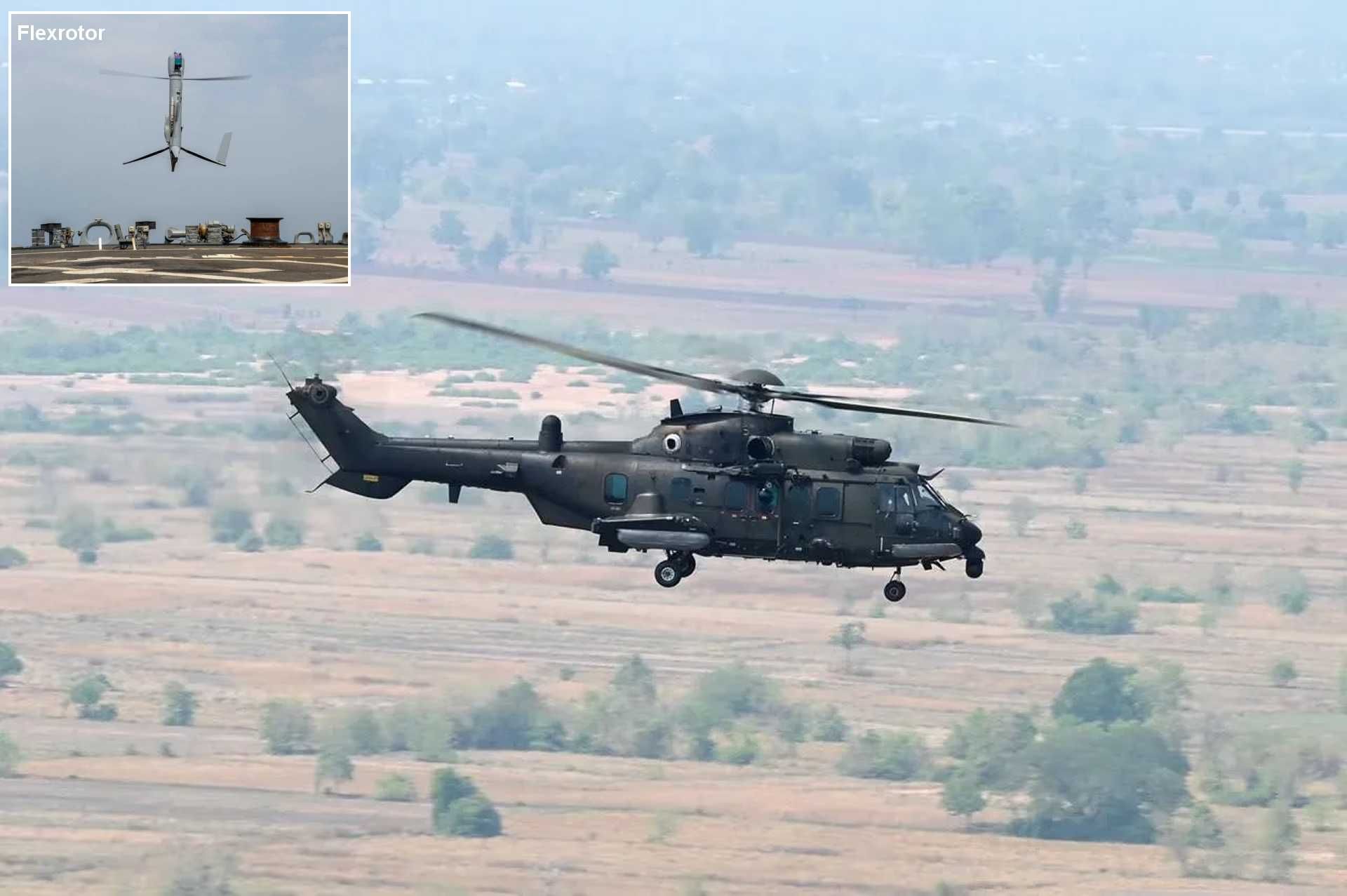 Republic of Singapore Air Force H225M helicopter during the HTeaming flight campaign, with an inset showing the Airbus Flexrotor uncrewed aerial system used in the demonstration.