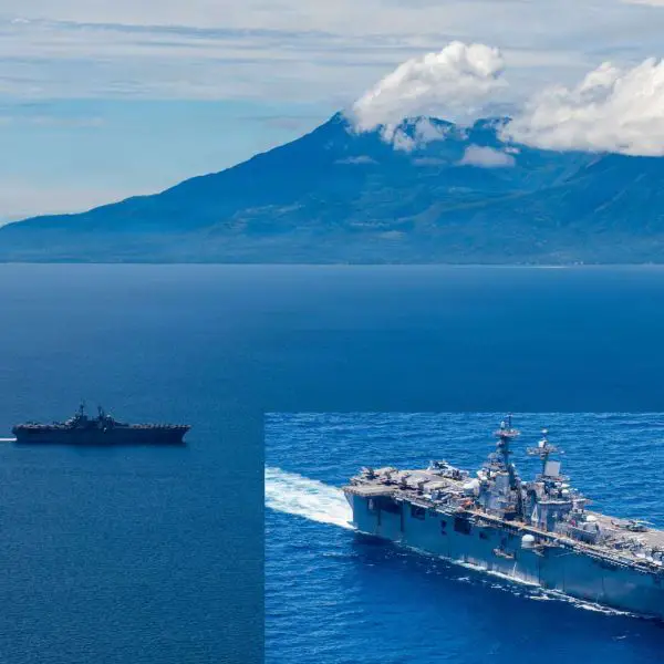 USS Boxer and USS Comstock transit the Surigao Strait with the 11th Marine Expeditionary Unit, reinforcing U.S. amphibious readiness, allied deterrence, and forward presence in the strategically contested Indo-Pacific (Picture source: U.S. DoW).
