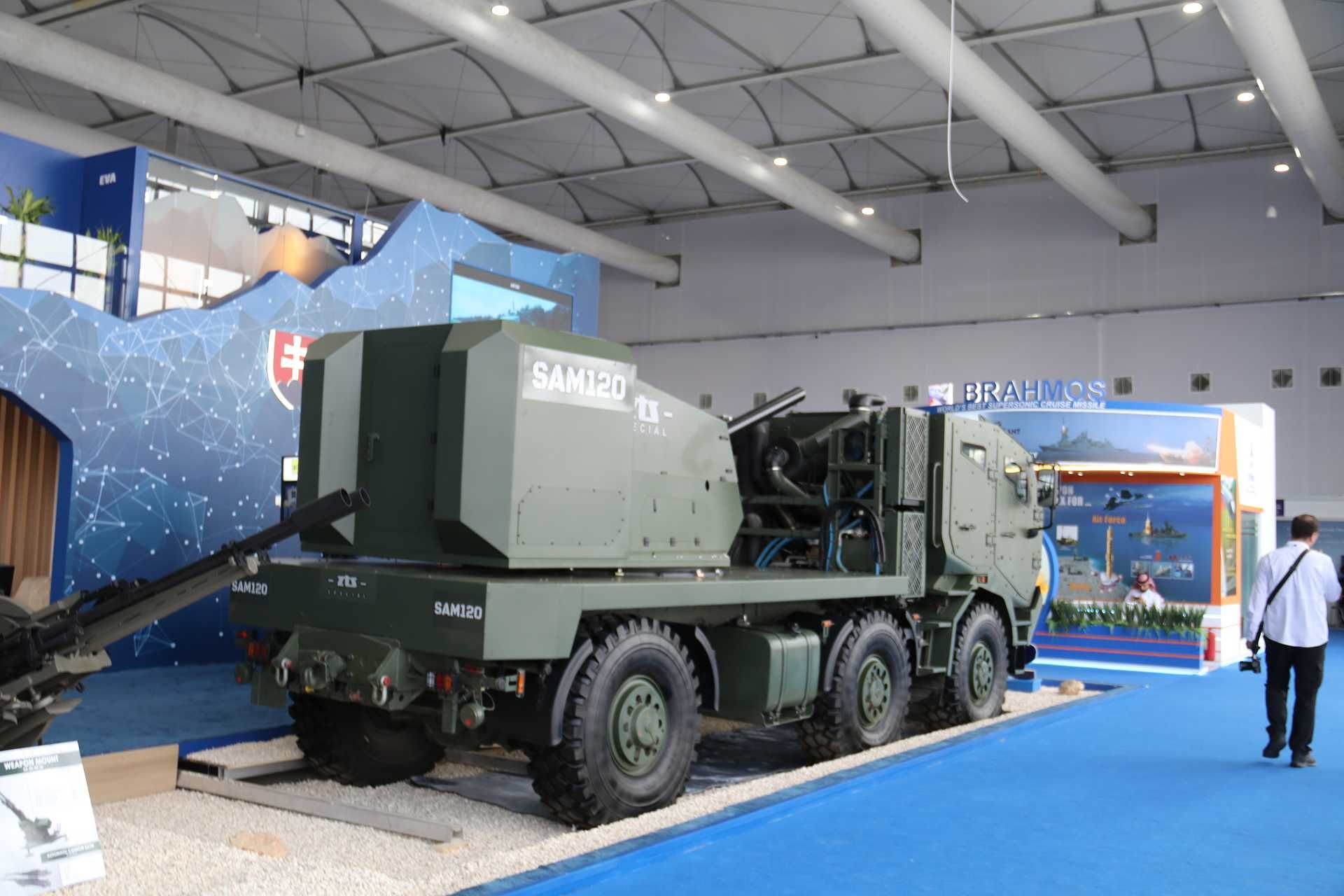The SAM-120 120 mm automatic mortar weapon station displayed at WDS 2026 in Riyadh, mounted on a 6x6 military truck chassis with an armored front crew cab, highlighting Slovakia’s mobile self-propelled indirect fire solution proposed for Azerbaijan’s land forces.