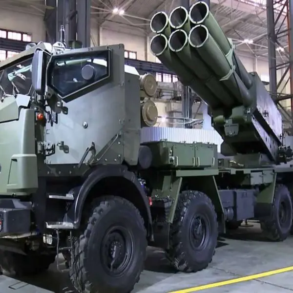 Sarma 300 mm MLRS is a six-tube KamAZ-mounted launcher firing guided rockets to ~200 km for rapid, mobile precision strikes (Picture source: Russian TV Channel).