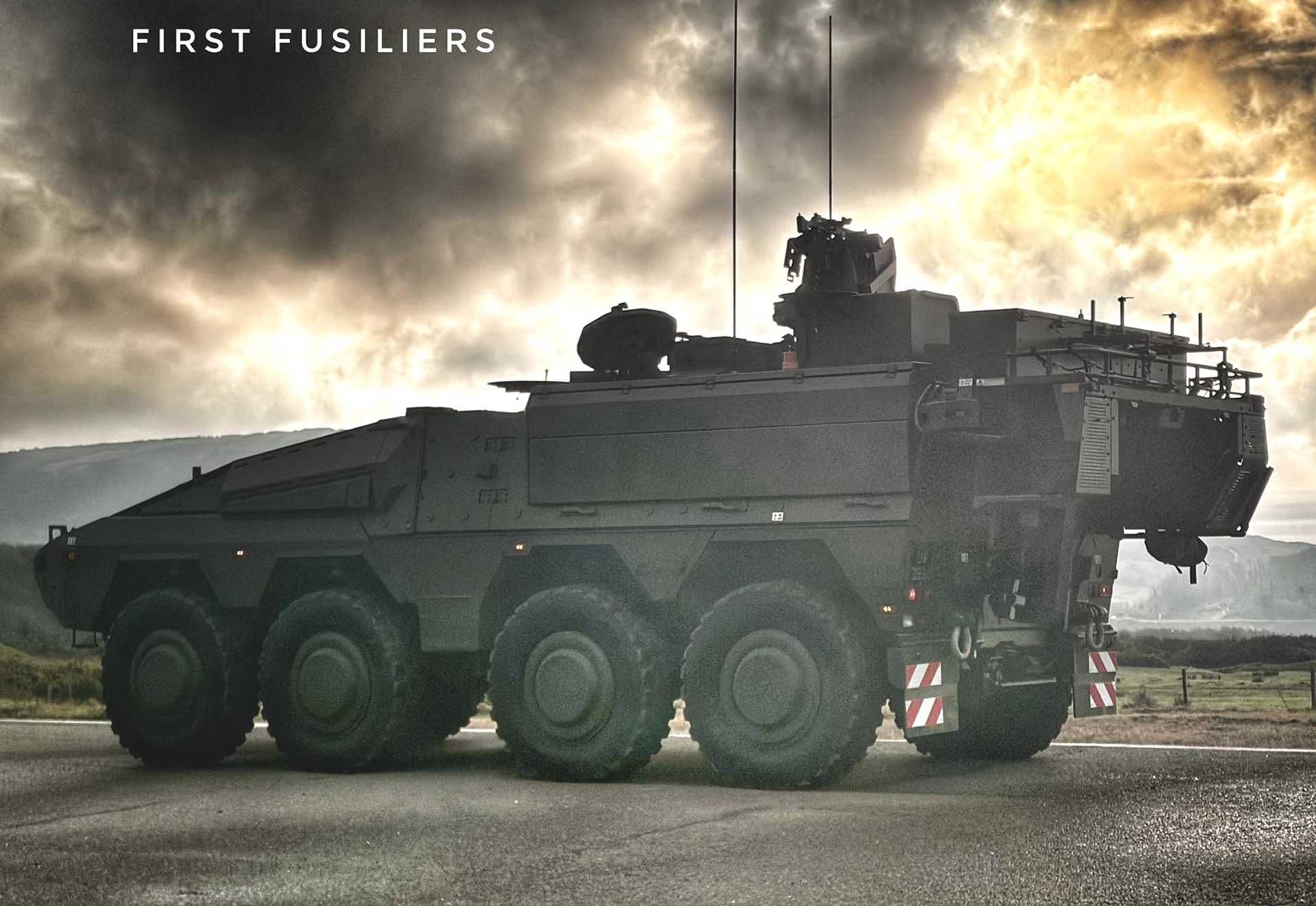 British Army soldiers from the 1st Battalion, Royal Regiment of First Fusiliers conduct live firing with a Boxer Infantry Carrier Vehicle equipped with a Protector RS4 Remote Weapon System during range training as part of the unit’s transition from Warrior to Boxer.