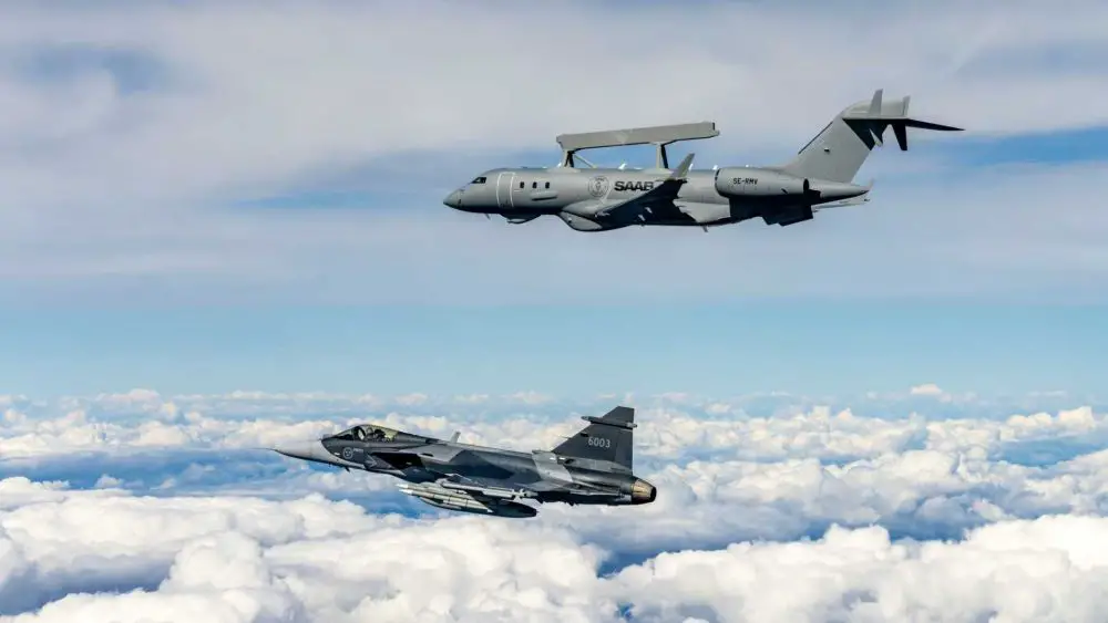 The Gripen and GlobalEye complement each other by pairing a fighter that conducts interception and strike tasks with a surveillance and control aircraft that extends detection range and provides commanders with a broader operational picture. (Picture source: Saab)