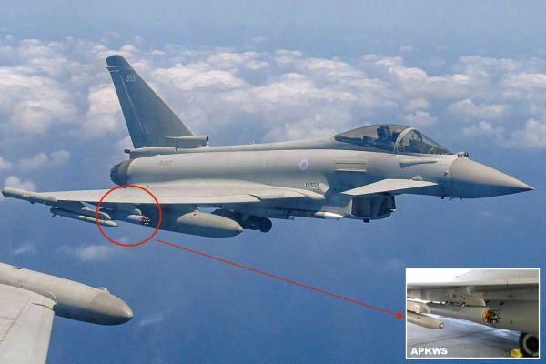 British Royal Air Force (RAF) Typhoon fighter jet armed with APKWS low-cost precision-guided rocket pods during Middle East operations, highlighting the UK’s new rapid-response counter-drone capability. Inset shows a close-up view of the APKWS launcher system designed to defeat drones at a fraction of the cost of traditional air-to-air missiles.