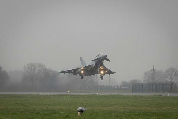 British Royal Air Force Eurofighter Typhoon departs RAF Coningsby for forward deployment to Qatar on 6 March 2026, supporting sustained UK-led air defence operations and protection of British forces and regional partners across the Middle East.