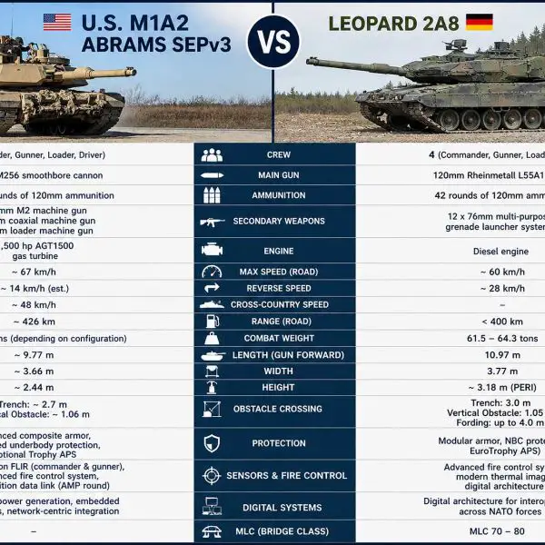 Side-by-side comparison of the U.S. Army M1A2 SEPv3 Abrams and Germany’s Leopard 2A8 highlights key differences in firepower, protection systems, mobility, and digital battlefield integration shaping NATO armored warfare.