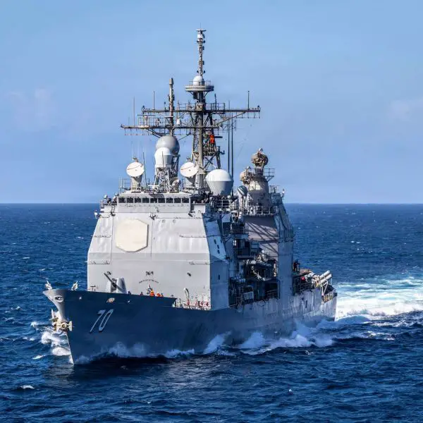 USS Lake Erie sails in the Caribbean in support of Operation Southern Spear, bringing Aegis air-defense coverage, long-range command-and-control, and multi-mission firepower to U.S. counter-narcotics and regional maritime security operations (Picture source: U.S. DoW).