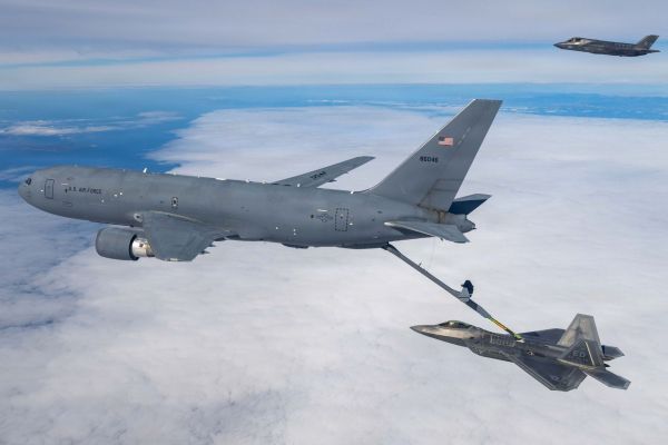A KC-46 Pegasus from the 418th Flight Test Squadron refuels an F-22 Raptor while an F-35A waits its turn over the Pacific Test Range on November 5, 2025. (Picture source: US DoD)